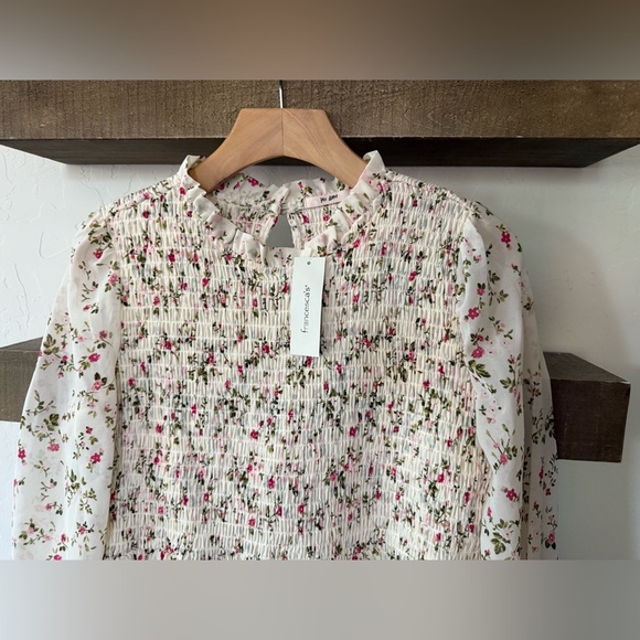 Francesca’s|Mi Ami White Ditsy Floral Smocked Blouse, long sleeve in peplum••NWT - Picture 3 of 10